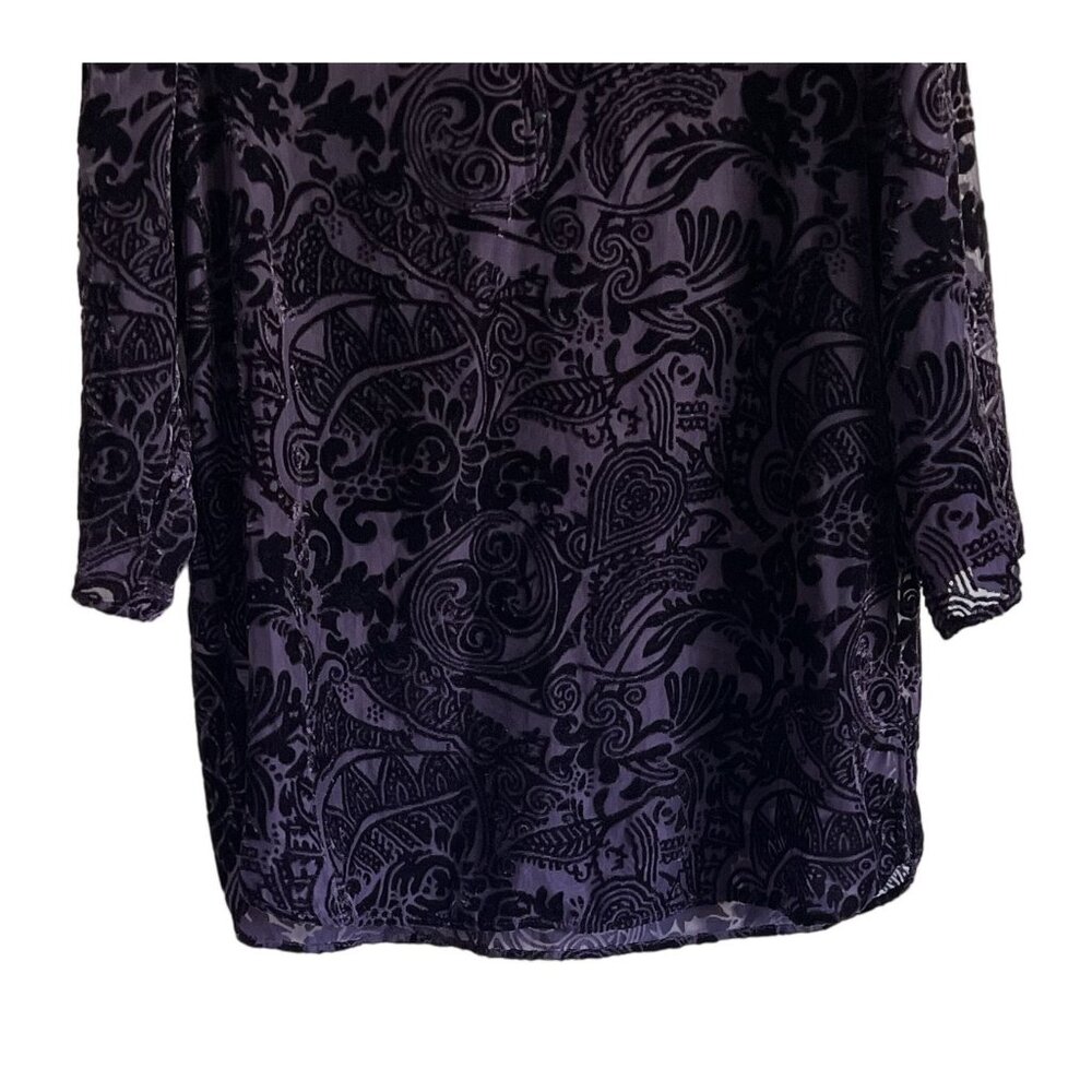 Chicos Womens Velvet Burnout Tunic Top Chicos Size 2 (L) Black Purple  VNeck - Picture 3 of 6